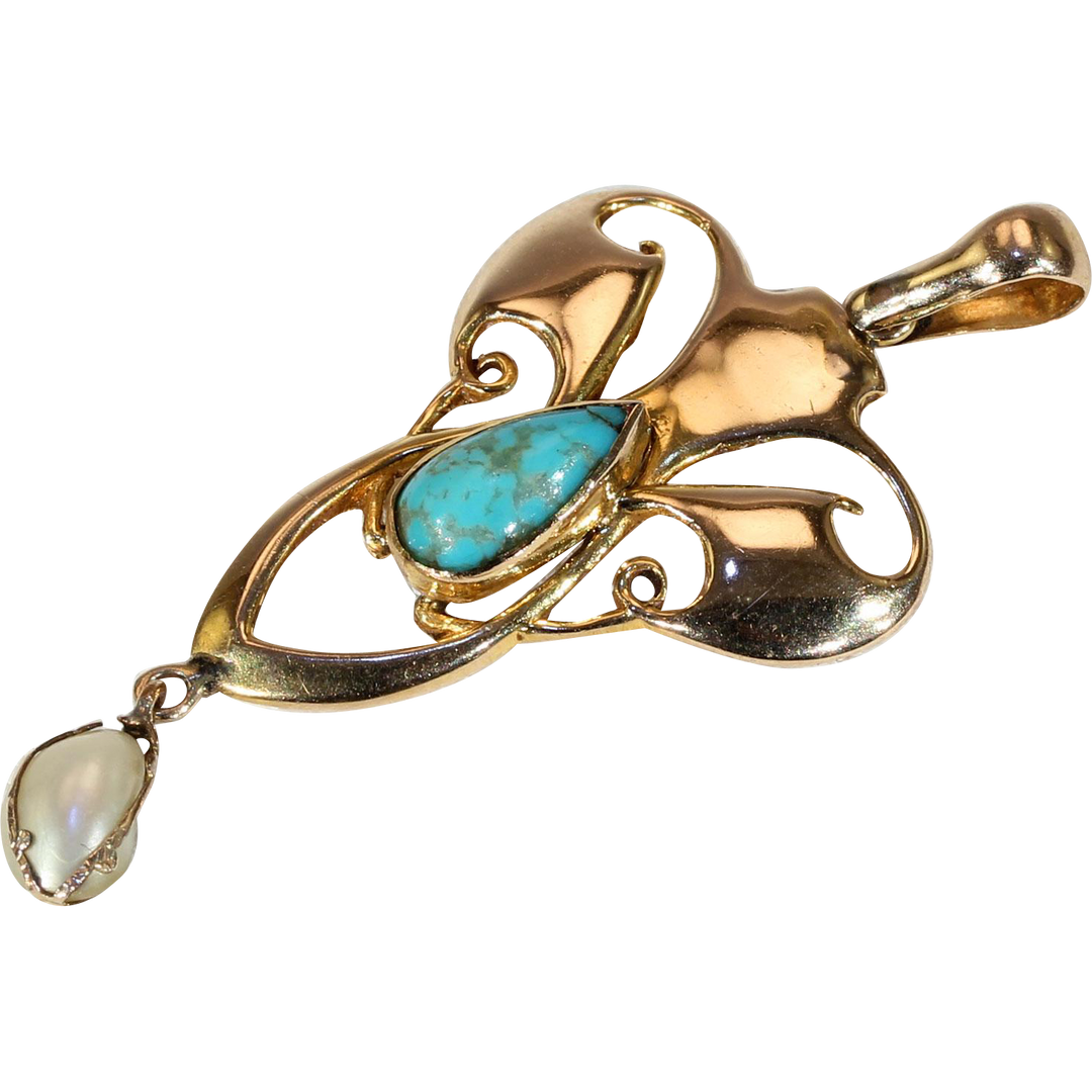 Antique Edwardian Art Nouveau Pendant Pearl Turquoise