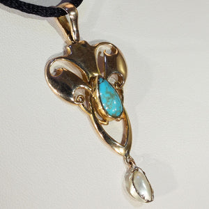 Antique Edwardian Art Nouveau Pendant Pearl Turquoise