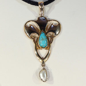 Antique Edwardian Art Nouveau Pendant Pearl Turquoise