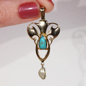 Antique Edwardian Art Nouveau Pendant Pearl Turquoise