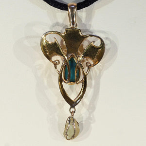 Antique Edwardian Art Nouveau Pendant Pearl Turquoise