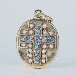 Antique Aquamarine Pearl Gold Cross Pendant