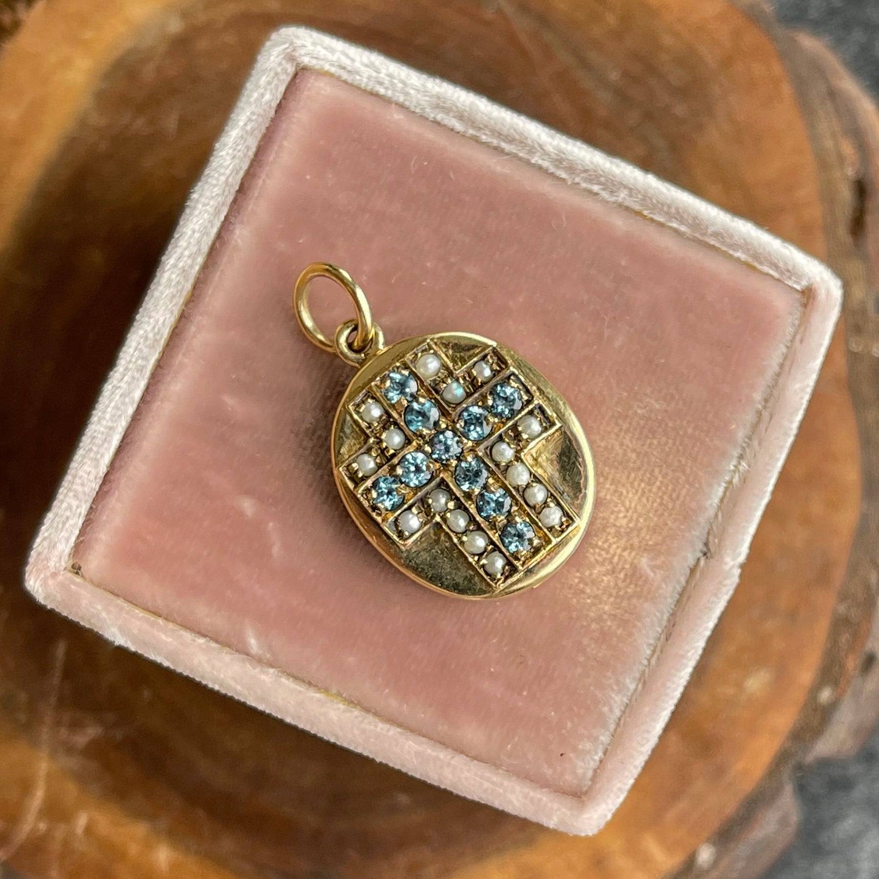Antique Aquamarine Pearl Gold Cross Pendant