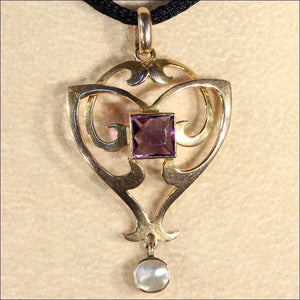 Antique Art Nouveau Amethyst and Mother of Pearl Pendant in 9k Gold
