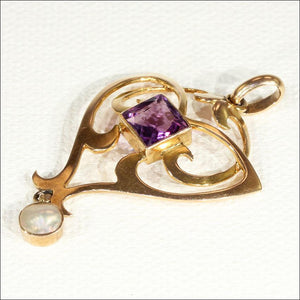 Antique Art Nouveau Amethyst and Mother of Pearl Pendant in 9k Gold