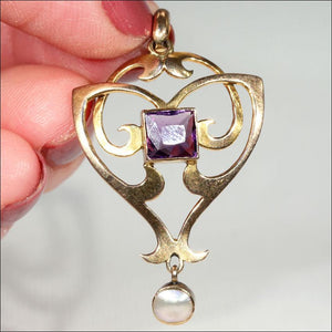 Antique Art Nouveau Amethyst and Mother of Pearl Pendant in 9k Gold