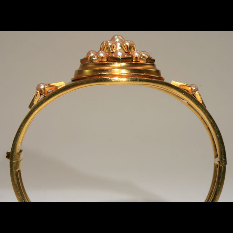 Amazing Antique Victorian 18k Gold Pink Pearl Bangle Bracelet in Original Fitted Box