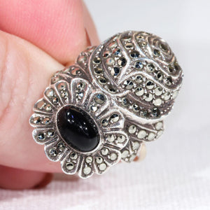 Art Deco Silver Marcasite Onyx Ring Gold Band Rose Daisy Flower