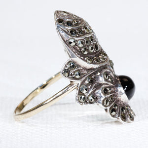 Art Deco Silver Marcasite Onyx Ring Gold Band Rose Daisy Flower