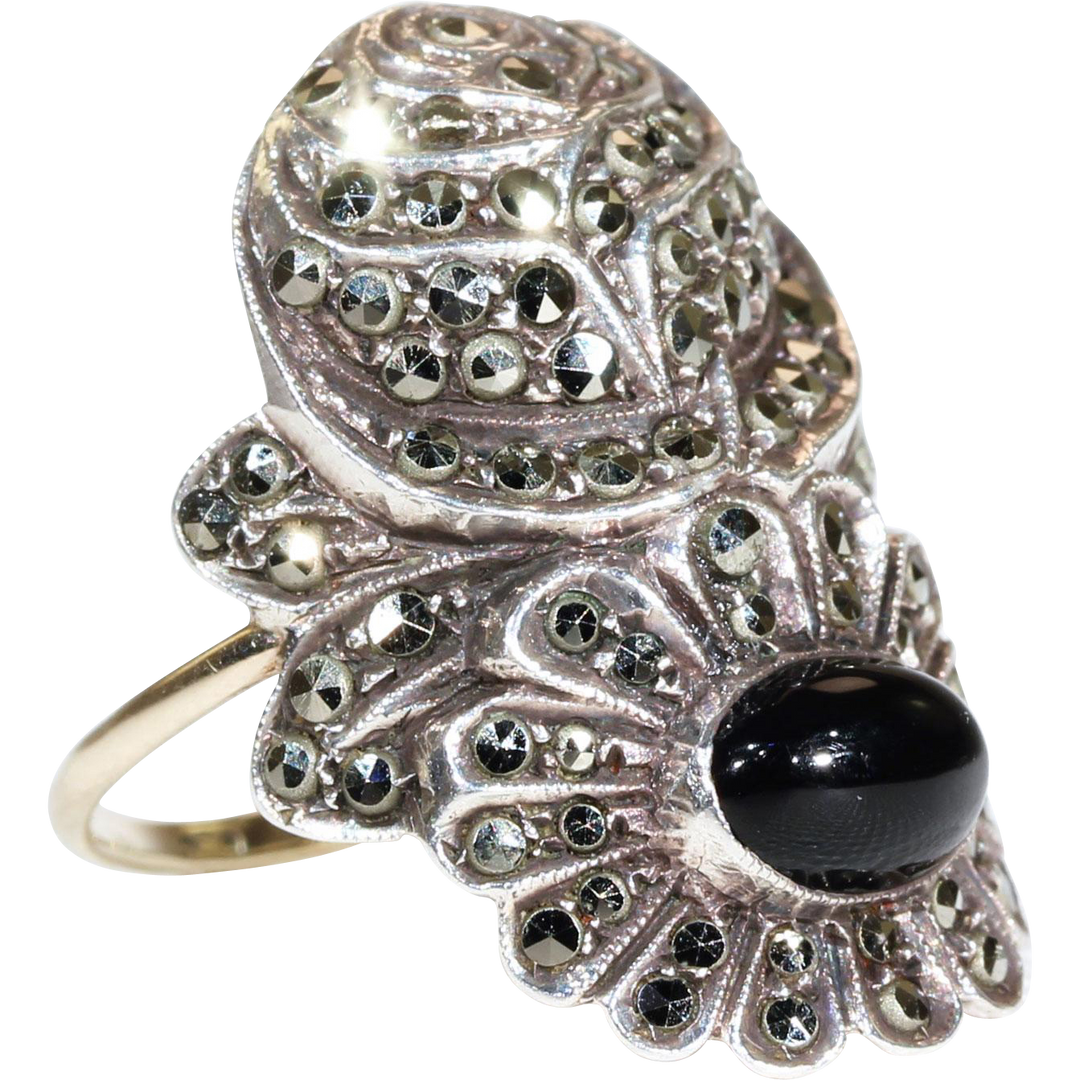 Art Deco Silver Marcasite Onyx Ring Gold Band Rose Daisy Flower