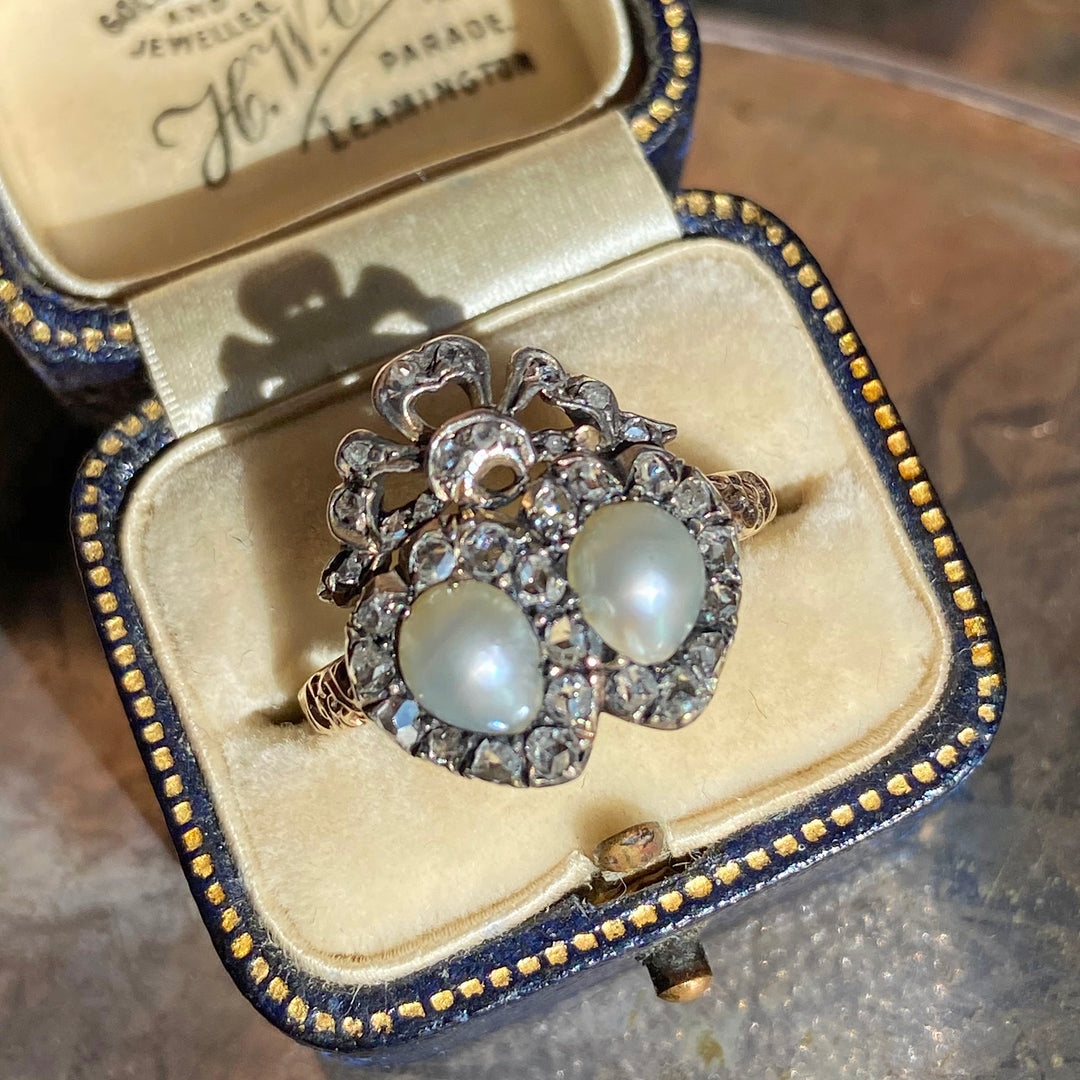 Antique French Double Heart Pearl Diamond Ring