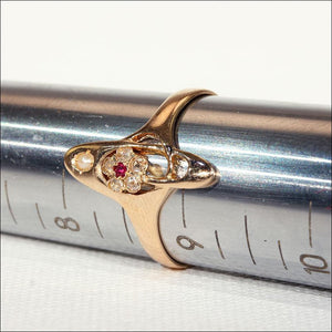 Antique Art Nouveau Diamond, Ruby and Pearl Ring in 18k Gold