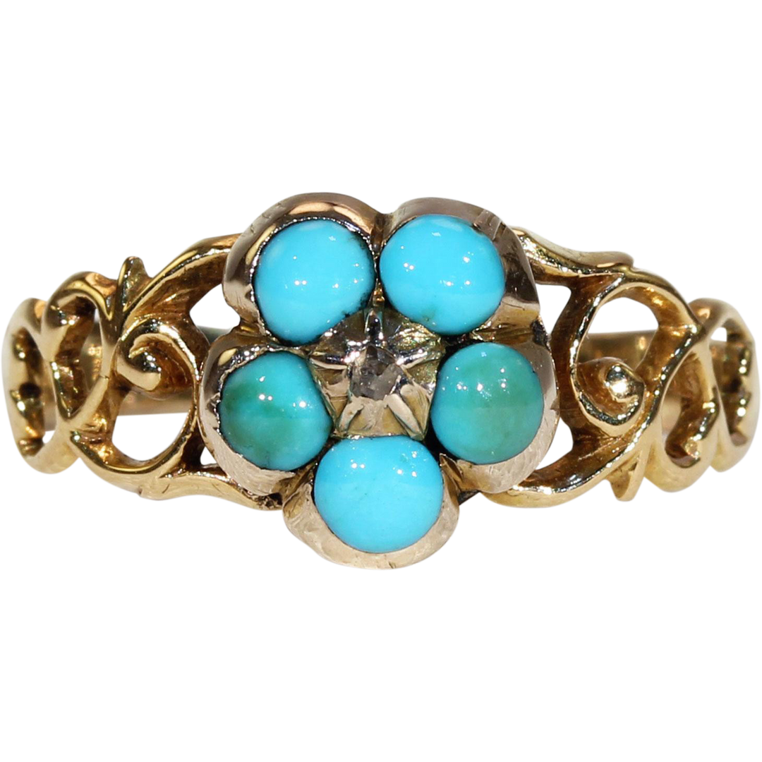 Victorian Turquoise Diamond Forget-Me-Not Ring Gold