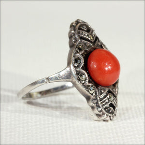 Fantastic Vintage Coral and Marcasite Art Deco Ring in Sterling Silver