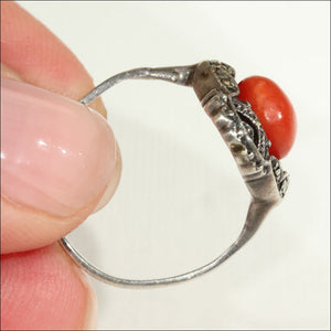 Fantastic Vintage Coral and Marcasite Art Deco Ring in Sterling Silver