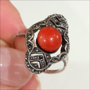 Fantastic Vintage Coral and Marcasite Art Deco Ring in Sterling Silver