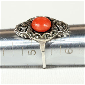 Fantastic Vintage Coral and Marcasite Art Deco Ring in Sterling Silver