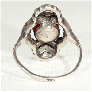 Fantastic Vintage Coral and Marcasite Art Deco Ring in Sterling Silver