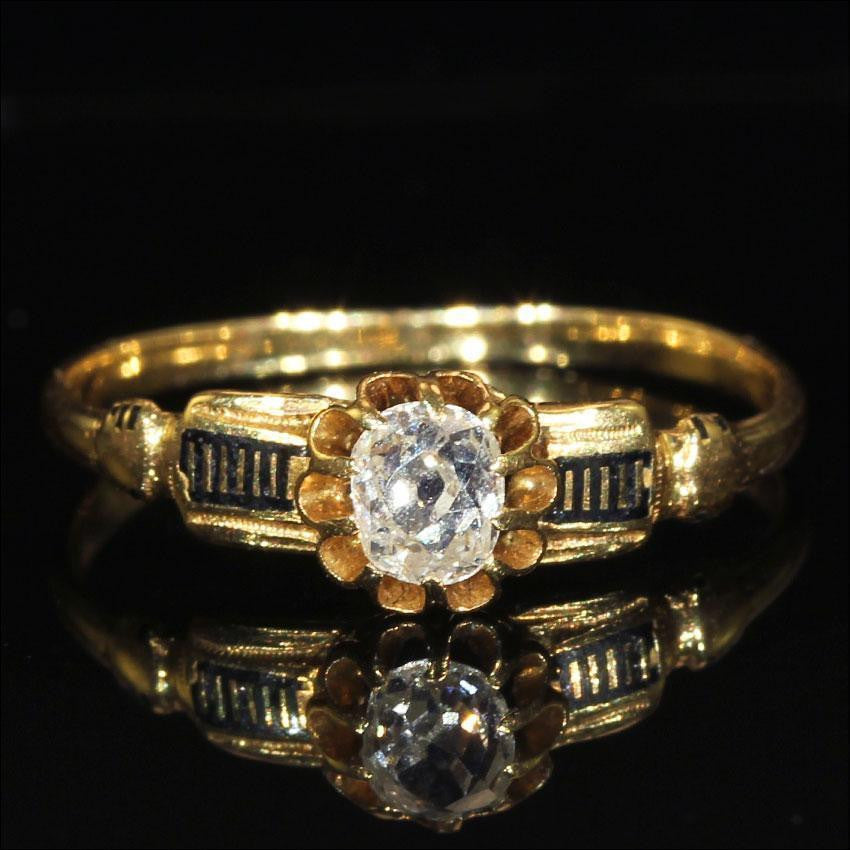 Antique French Diamond Ring with Black Enamel Accents, 18k Gold