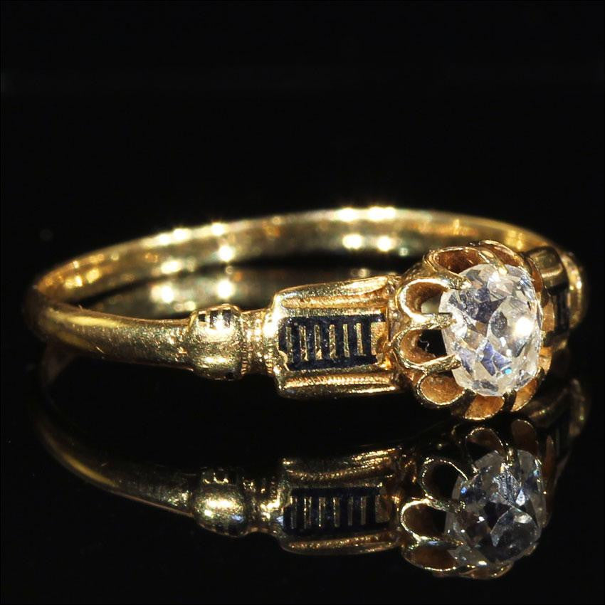 Antique French Diamond Ring with Black Enamel Accents, 18k Gold