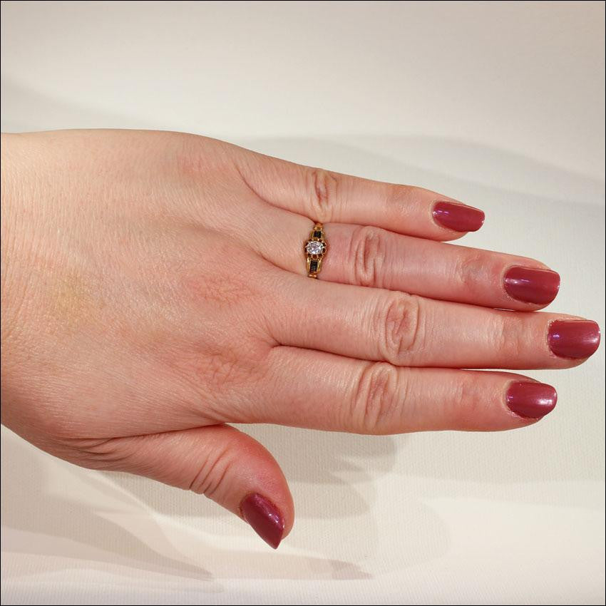 Antique French Diamond Ring with Black Enamel Accents, 18k Gold