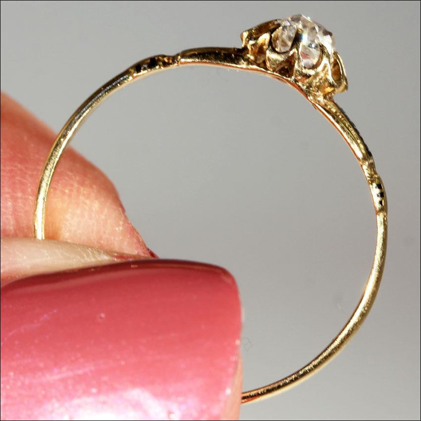 Antique French Diamond Ring with Black Enamel Accents, 18k Gold