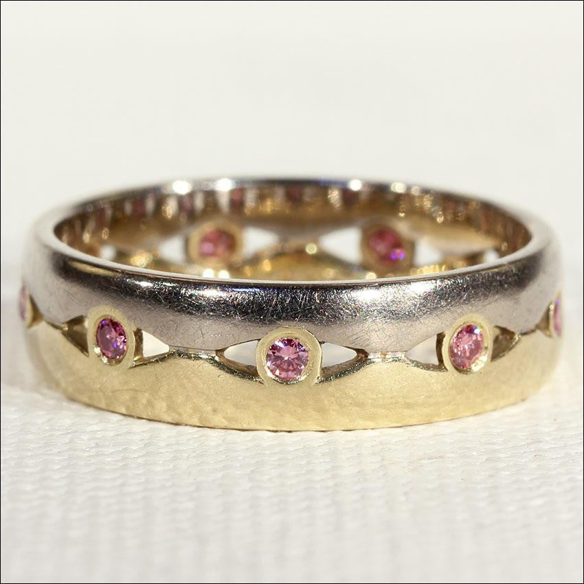 Vintage Yellow and White Gold Band set with Pink Diamonds, size 7.5