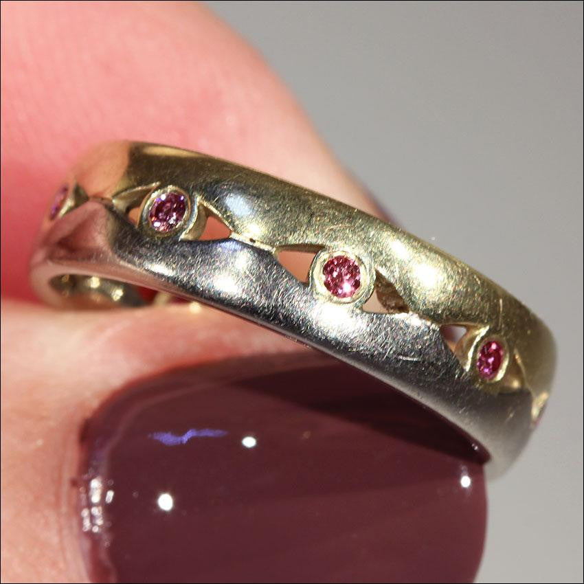 Vintage Yellow and White Gold Band set with Pink Diamonds, size 7.5
