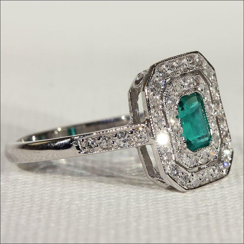 Vintage Emerald and Diamond Double Halo Ring in 18k White Gold