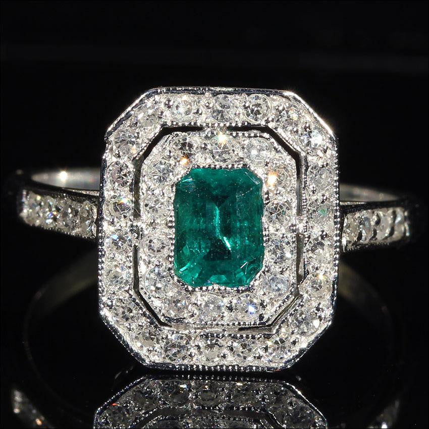 Vintage Emerald and Diamond Double Halo Ring in 18k White Gold
