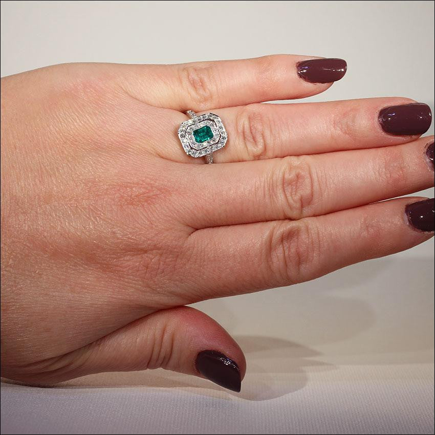 Vintage Emerald and Diamond Double Halo Ring in 18k White Gold