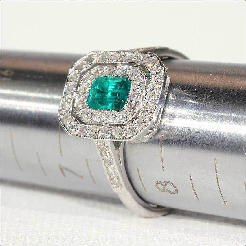 Vintage Emerald and Diamond Double Halo Ring in 18k White Gold