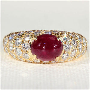 Stunning Vintage Cabochon Ruby and Diamond Ring in 18k Gold