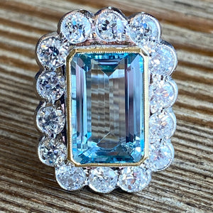 Vintage Art Deco Aquamarine Diamond Cluster Ring Hollywood Glamour