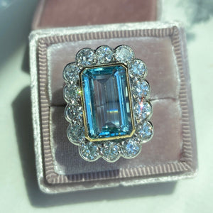 Vintage Art Deco Aquamarine Diamond Cluster Ring Hollywood Glamour