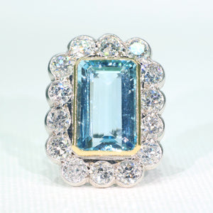 Vintage Art Deco Aquamarine Diamond Cluster Ring Hollywood Glamour