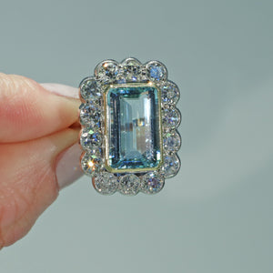 Vintage Art Deco Aquamarine Diamond Cluster Ring Hollywood Glamour