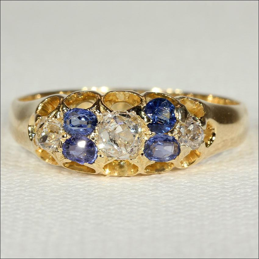 Antique Victorian Diamond and Sapphire Ring in 18k Gold, Hallmarked 1879