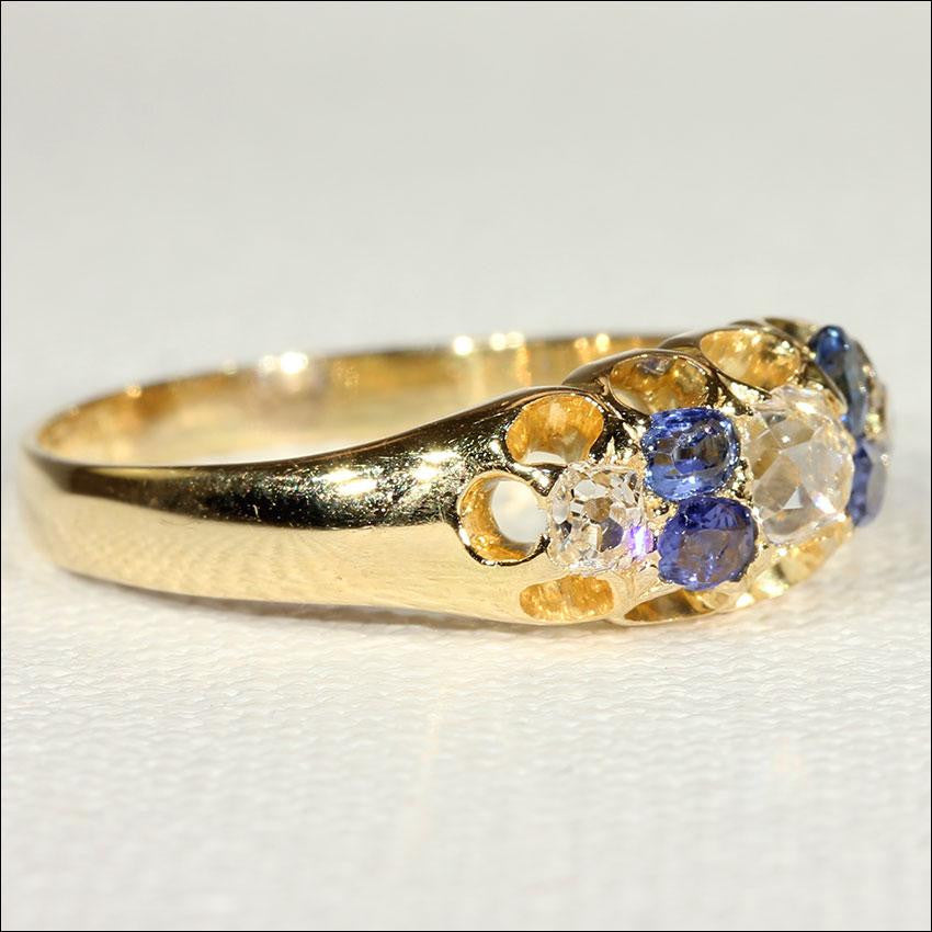 Antique Victorian Diamond and Sapphire Ring in 18k Gold, Hallmarked 1879