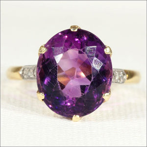 Vintage 6ct Amethyst and Diamond Ring in 18k Gold and Platinum, Hallmarked 1969