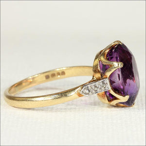 Vintage 6ct Amethyst and Diamond Ring in 18k Gold and Platinum, Hallmarked 1969