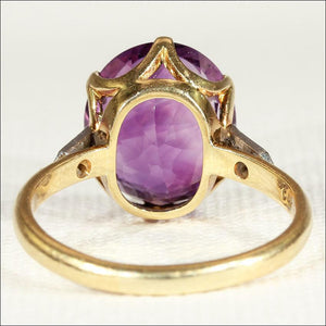 Vintage 6ct Amethyst and Diamond Ring in 18k Gold and Platinum, Hallmarked 1969