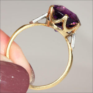 Vintage 6ct Amethyst and Diamond Ring in 18k Gold and Platinum, Hallmarked 1969