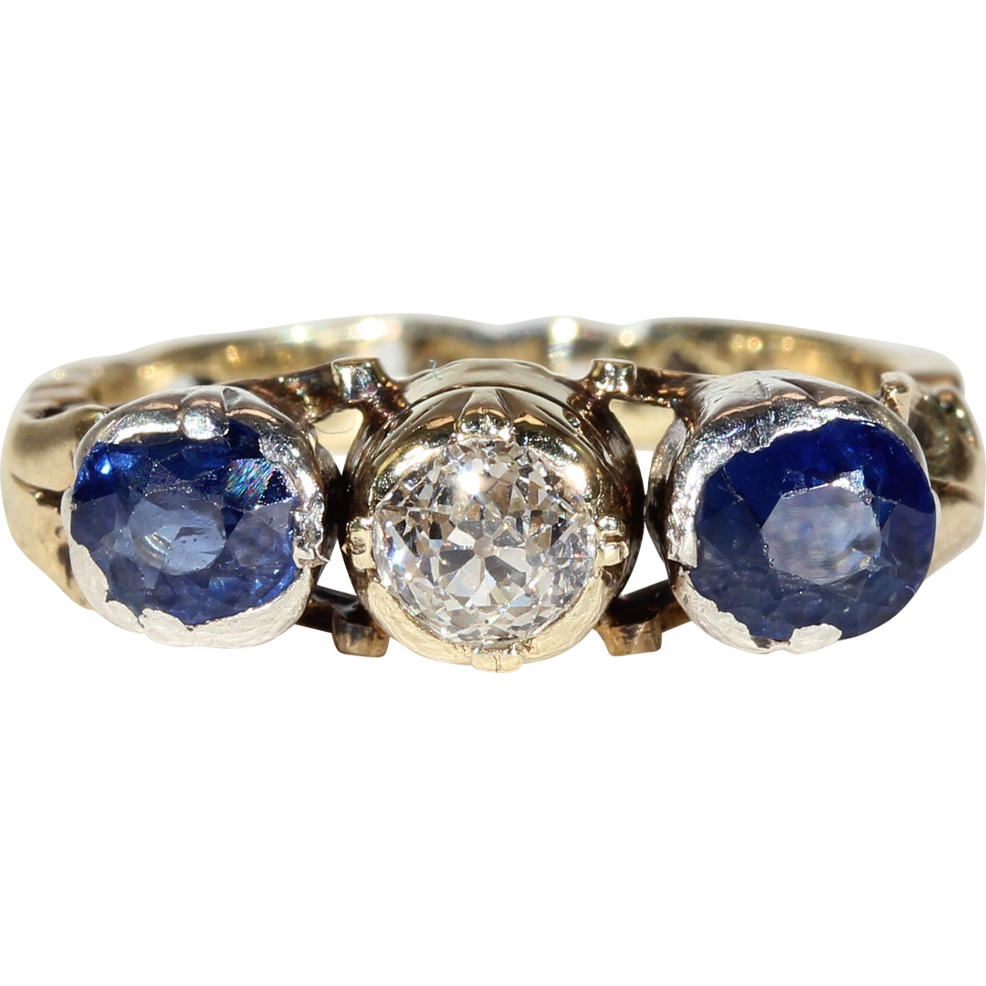 Austro-Hungarian Sapphire Diamond Ring 14k Gold Silver