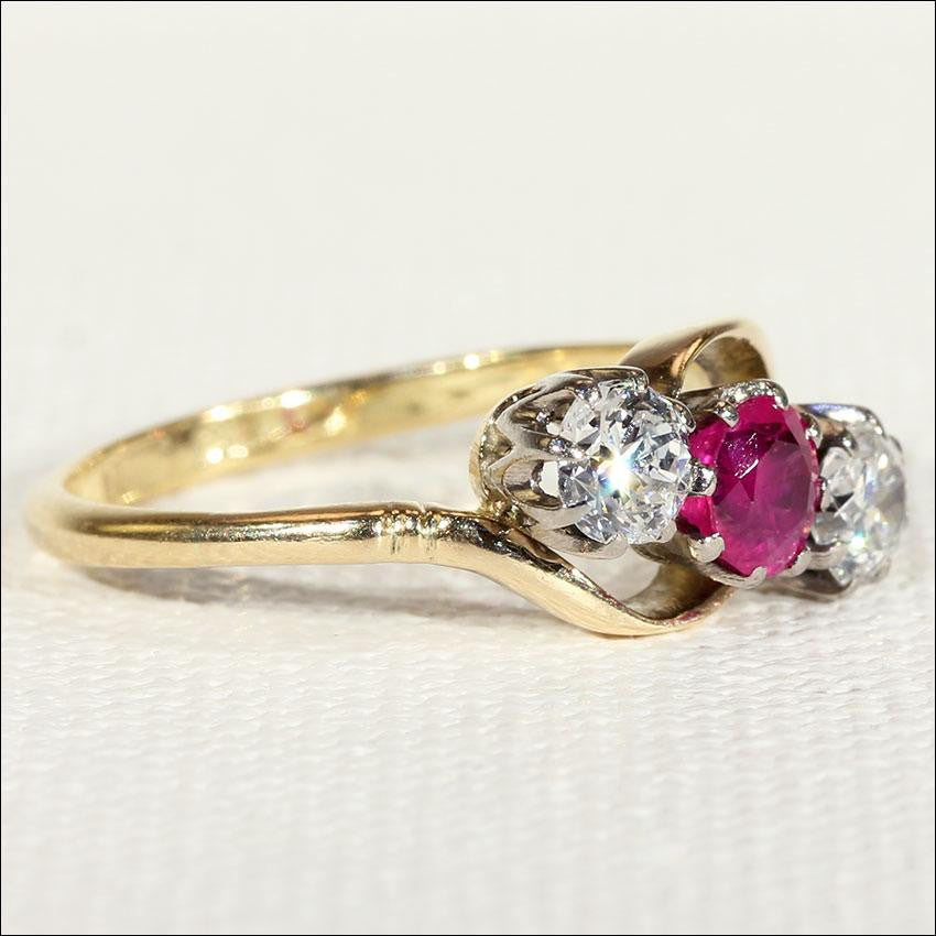 Antique Ruby and Diamond 3 Stone Bypass Ring in 18k Gold and Platinum