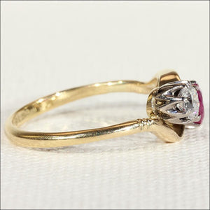 Antique Ruby and Diamond 3 Stone Bypass Ring in 18k Gold and Platinum