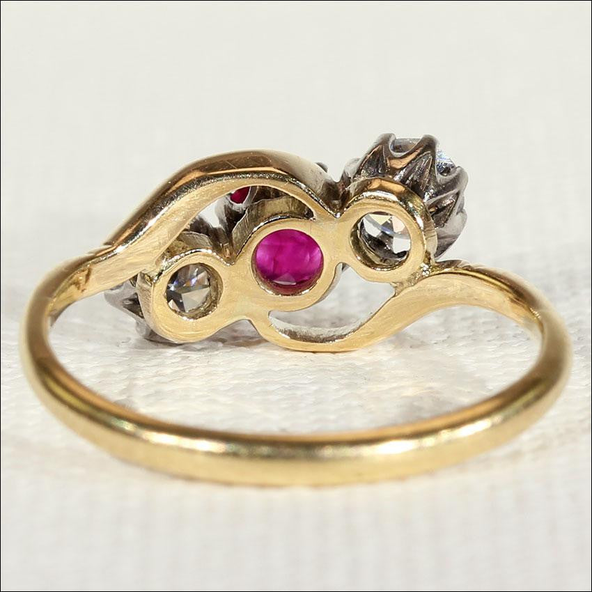 Antique Ruby and Diamond 3 Stone Bypass Ring in 18k Gold and Platinum