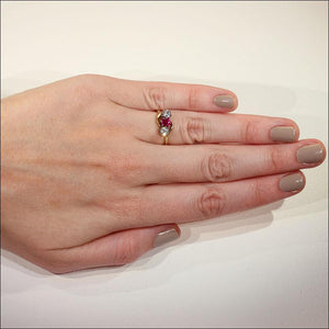Antique Ruby and Diamond 3 Stone Bypass Ring in 18k Gold and Platinum