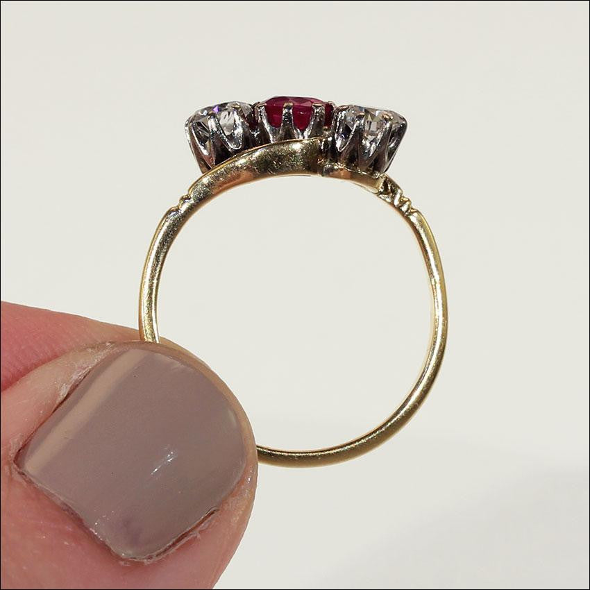 Antique Ruby and Diamond 3 Stone Bypass Ring in 18k Gold and Platinum