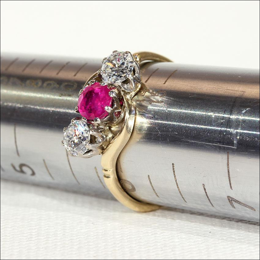 Antique Ruby and Diamond 3 Stone Bypass Ring in 18k Gold and Platinum